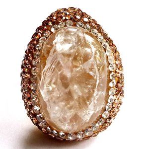 Genuine Quartz Cabochon Cocktail Ring 66.80 carats with Rhinestone Accent